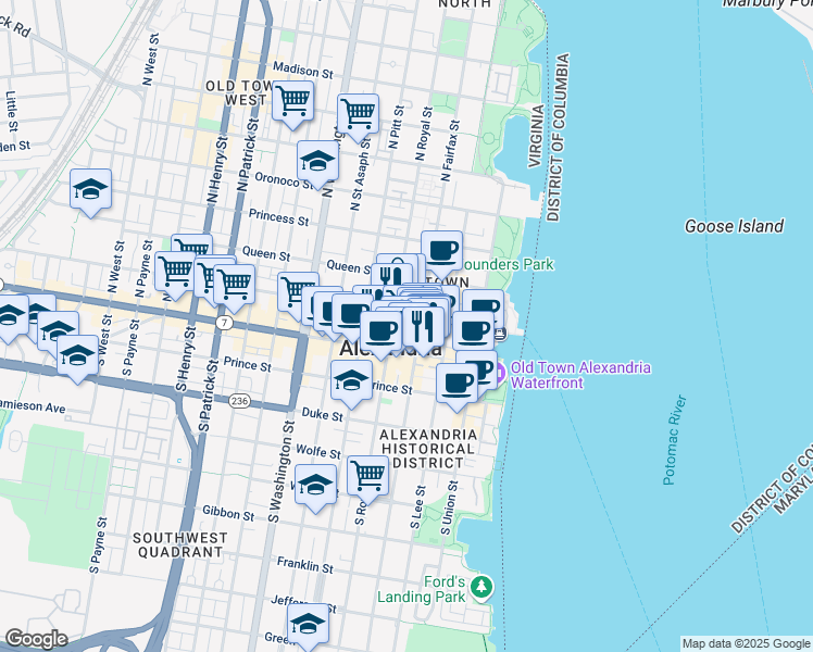 map of restaurants, bars, coffee shops, grocery stores, and more near 301 King Street in Alexandria