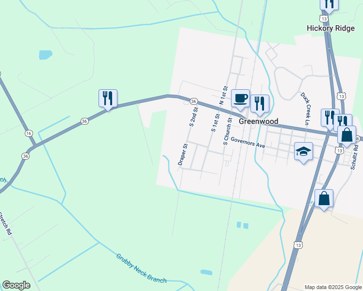map of restaurants, bars, coffee shops, grocery stores, and more near 202 2nd Street in Greenwood