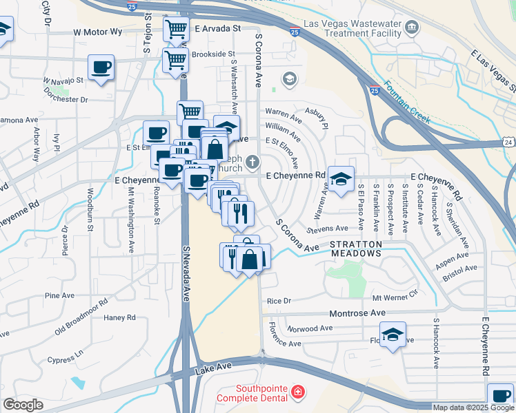 map of restaurants, bars, coffee shops, grocery stores, and more near 2001 South Corona Avenue in Colorado Springs