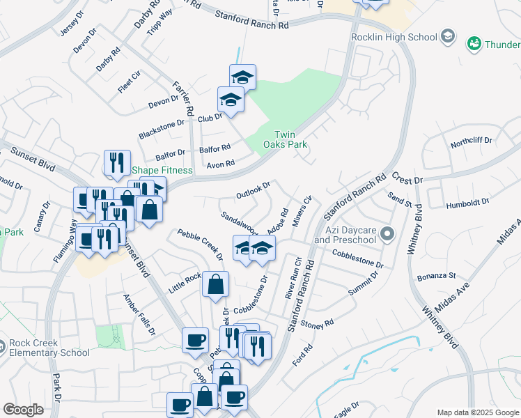 map of restaurants, bars, coffee shops, grocery stores, and more near 5617 Oaks Drive in Rocklin