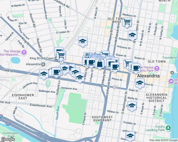 map of restaurants, bars, coffee shops, grocery stores, and more near 211 Commerce Street in Alexandria