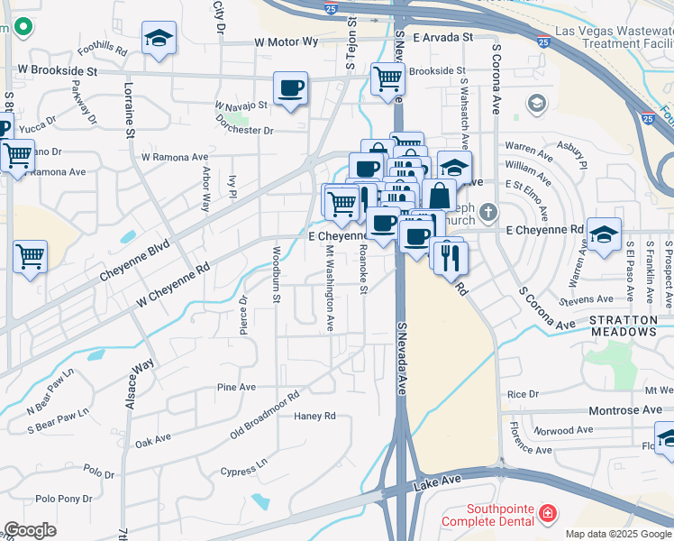 map of restaurants, bars, coffee shops, grocery stores, and more near 1935 Mount Washington Avenue in Colorado Springs