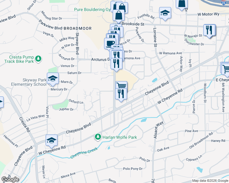 map of restaurants, bars, coffee shops, grocery stores, and more near 1782 South 8th Street in Colorado Springs
