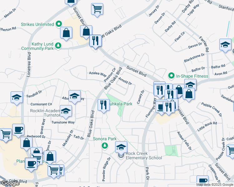 map of restaurants, bars, coffee shops, grocery stores, and more near 2130 Hannah Way in Rocklin