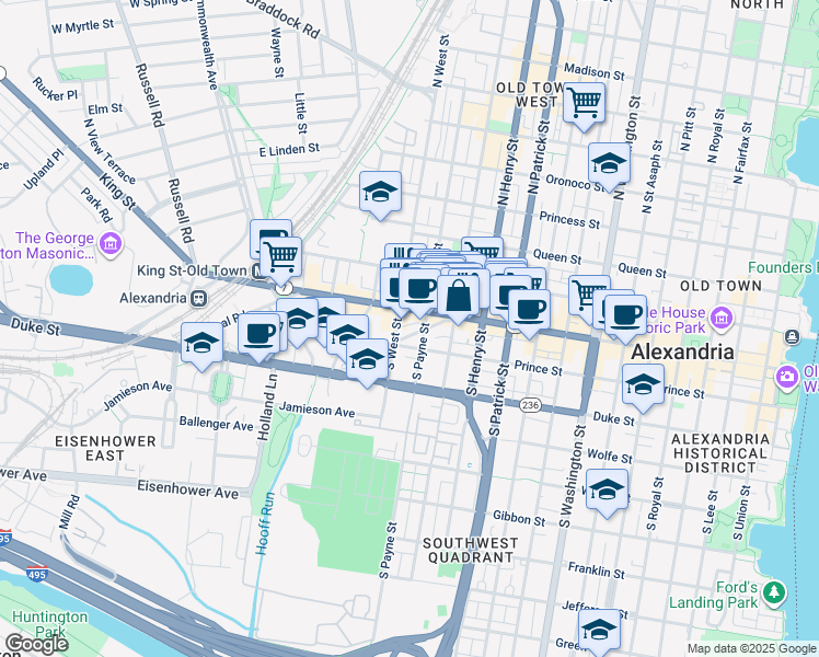 map of restaurants, bars, coffee shops, grocery stores, and more near 211 Commerce Street in Alexandria
