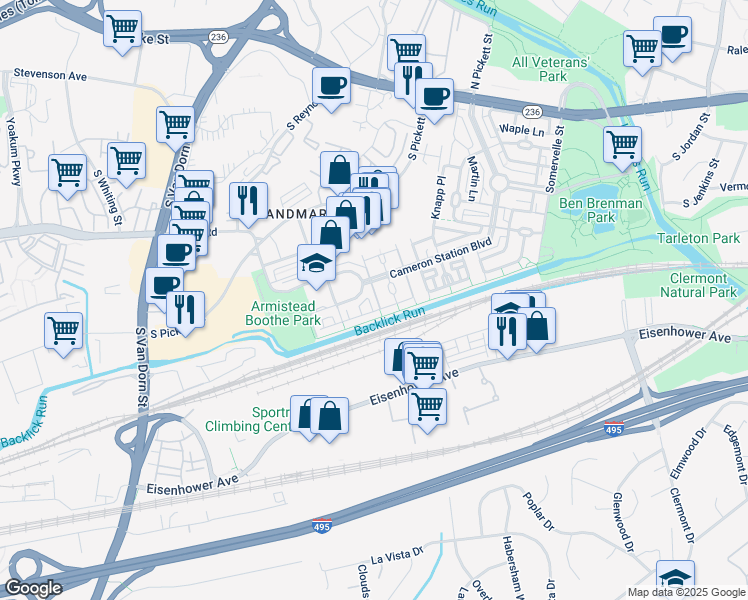 map of restaurants, bars, coffee shops, grocery stores, and more near 5236 Tancreti Lane in Alexandria