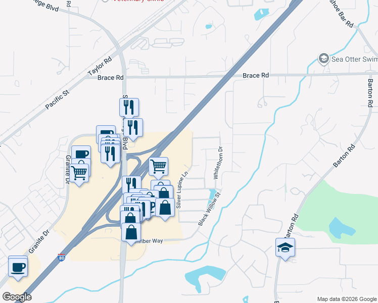 map of restaurants, bars, coffee shops, grocery stores, and more near 4233 Silver Lupine Lane in Rocklin
