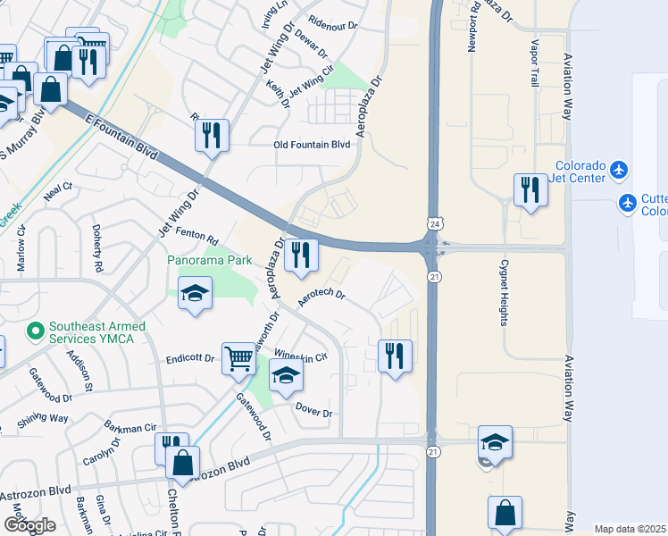 map of restaurants, bars, coffee shops, grocery stores, and more near 1913 Aerotech Drive in Colorado Springs