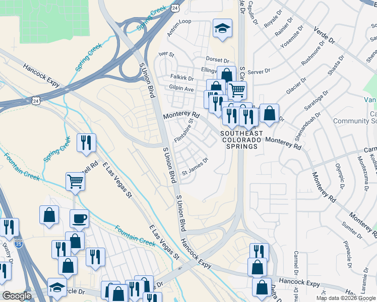 map of restaurants, bars, coffee shops, grocery stores, and more near 2267 Downend Street in Colorado Springs