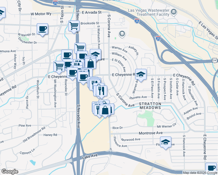 map of restaurants, bars, coffee shops, grocery stores, and more near 2001 South Corona Avenue in Colorado Springs