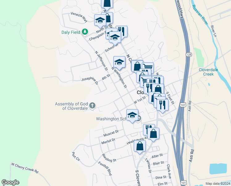 map of restaurants, bars, coffee shops, grocery stores, and more near 409 Butler Court in Cloverdale