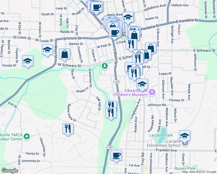 map of restaurants, bars, coffee shops, grocery stores, and more near 421 Quince Street in Edwardsville