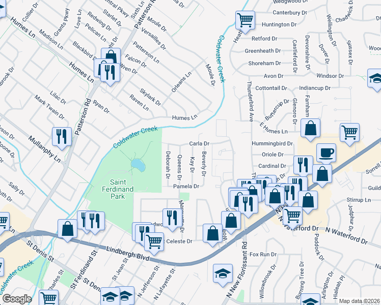 map of restaurants, bars, coffee shops, grocery stores, and more near 1730 Queens Drive in Florissant