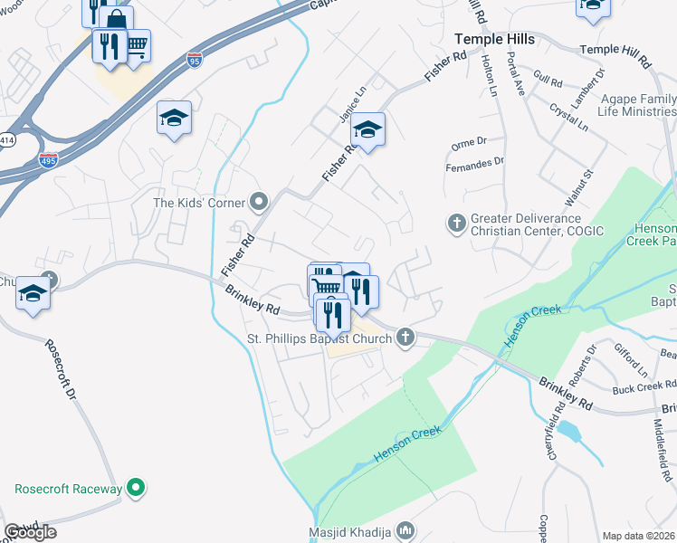 map of restaurants, bars, coffee shops, grocery stores, and more near 3120 Brinkley Road in Temple Hills