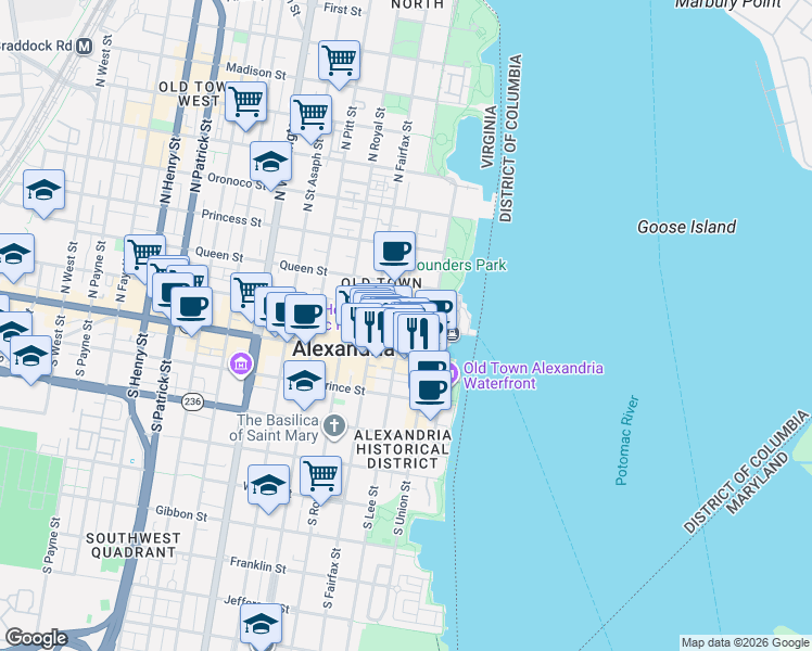 map of restaurants, bars, coffee shops, grocery stores, and more near 130 Cameron Street in Alexandria