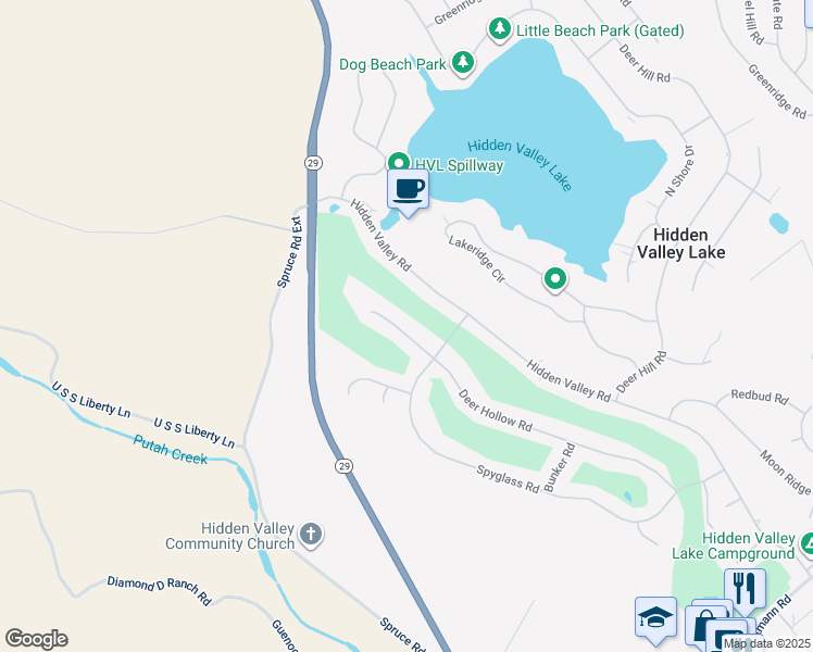 map of restaurants, bars, coffee shops, grocery stores, and more near 18224 Deer Hollow Road in Hidden Valley Lake