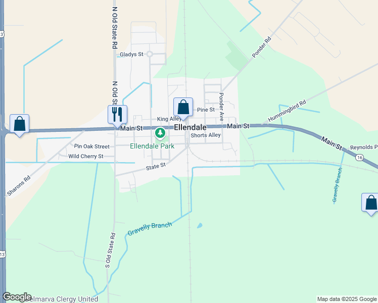 map of restaurants, bars, coffee shops, grocery stores, and more near in Ellendale