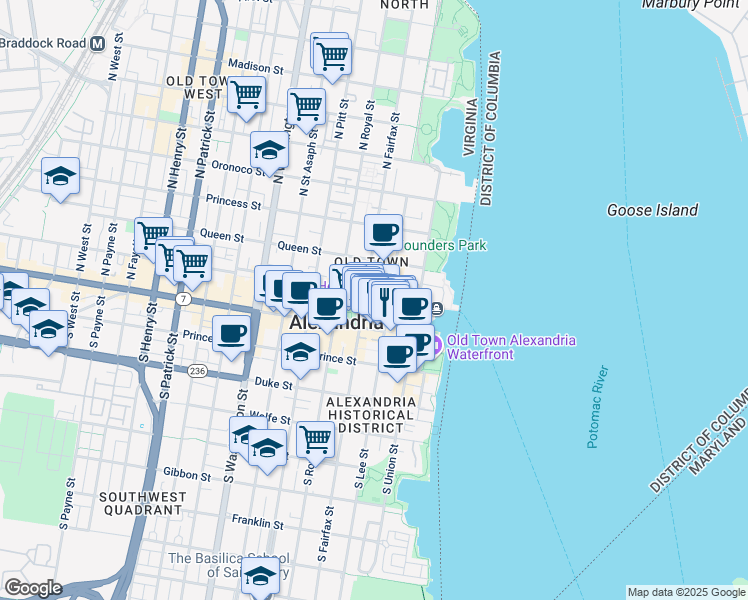 map of restaurants, bars, coffee shops, grocery stores, and more near 131 North Fairfax Street in Alexandria