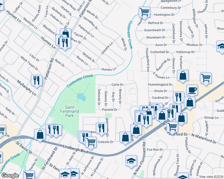 map of restaurants, bars, coffee shops, grocery stores, and more near 1730 Queens Drive in Florissant