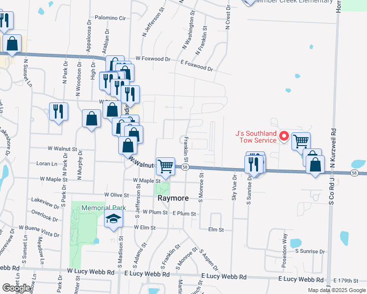 map of restaurants, bars, coffee shops, grocery stores, and more near 200 Elissa Drive in Raymore
