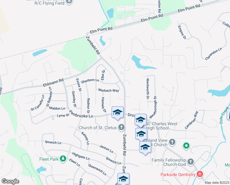 map of restaurants, bars, coffee shops, grocery stores, and more near 2932 Marbach Court in Saint Charles