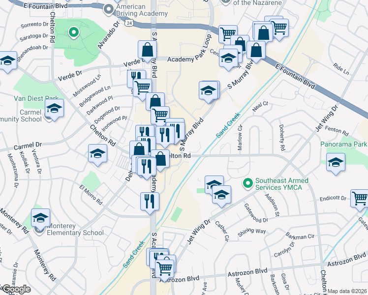 map of restaurants, bars, coffee shops, grocery stores, and more near 1941 South Murray Boulevard in Colorado Springs