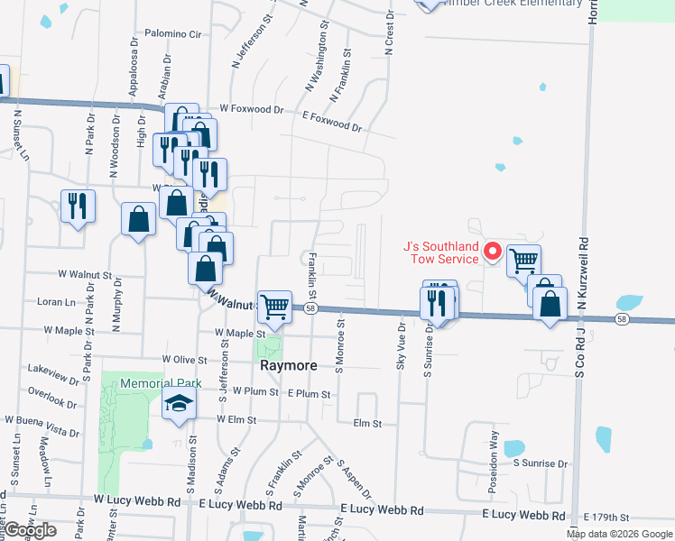 map of restaurants, bars, coffee shops, grocery stores, and more near 211 Ramblewood Drive in Raymore