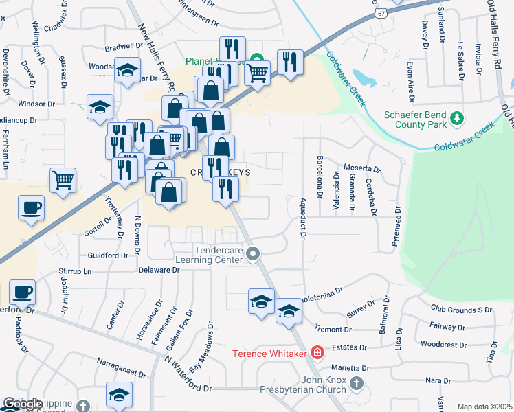map of restaurants, bars, coffee shops, grocery stores, and more near 2075 Carefree Lane in Florissant