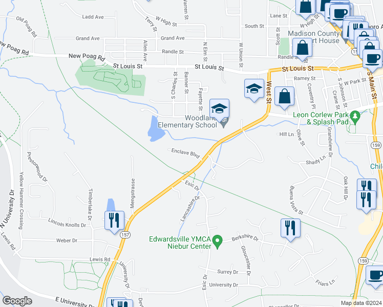 map of restaurants, bars, coffee shops, grocery stores, and more near 602 Enclave Boulevard in Edwardsville