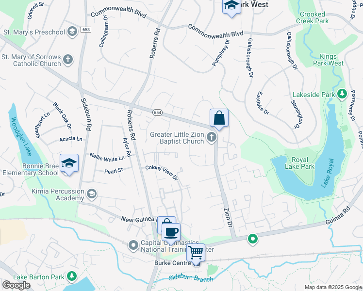 map of restaurants, bars, coffee shops, grocery stores, and more near 5314 Berrywood Court in Fairfax