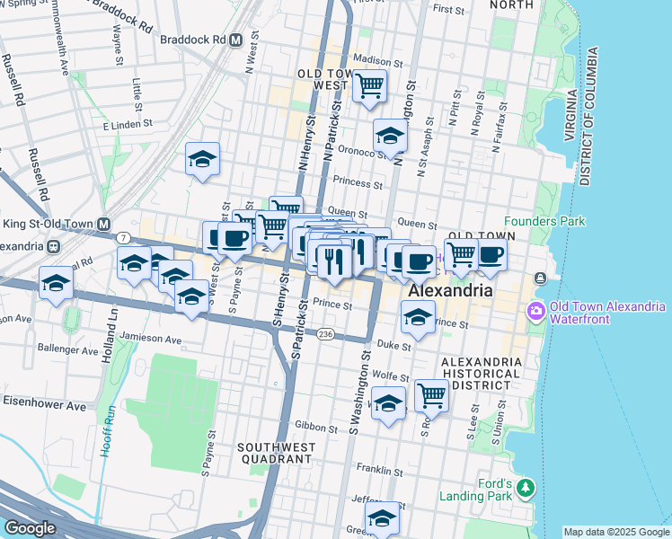 map of restaurants, bars, coffee shops, grocery stores, and more near 103 North Alfred Street in Alexandria