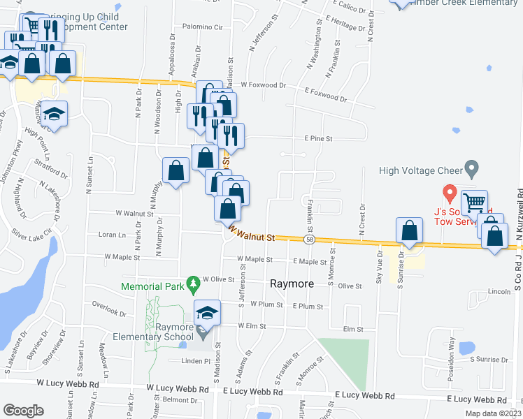 map of restaurants, bars, coffee shops, grocery stores, and more near 202 West Walnut Street in Raymore