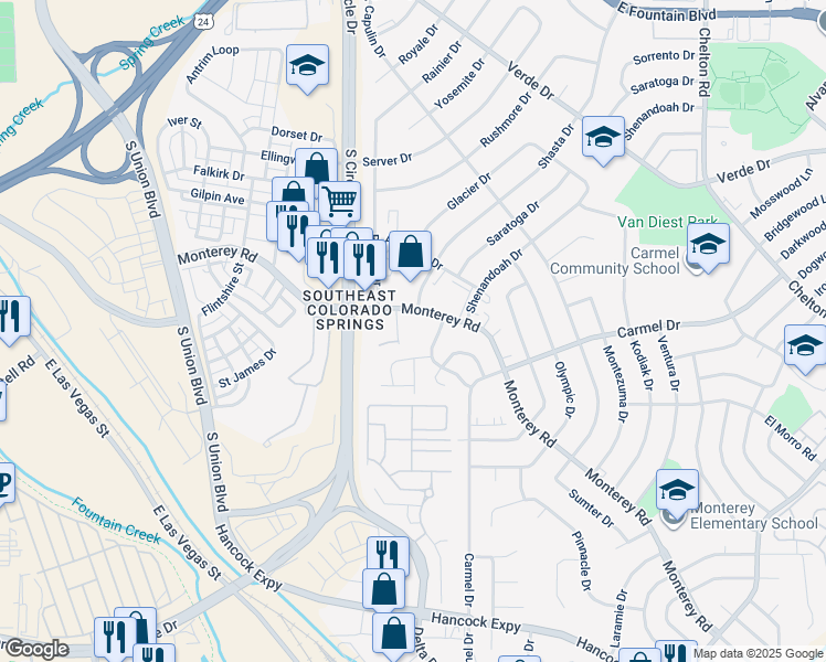 map of restaurants, bars, coffee shops, grocery stores, and more near 1946 Copper Creek Drive in Colorado Springs