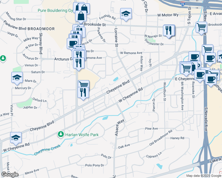map of restaurants, bars, coffee shops, grocery stores, and more near 423 Cheyenne Boulevard in Colorado Springs