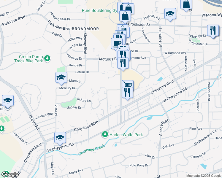 map of restaurants, bars, coffee shops, grocery stores, and more near 211 Wolfe Avenue in Colorado Springs