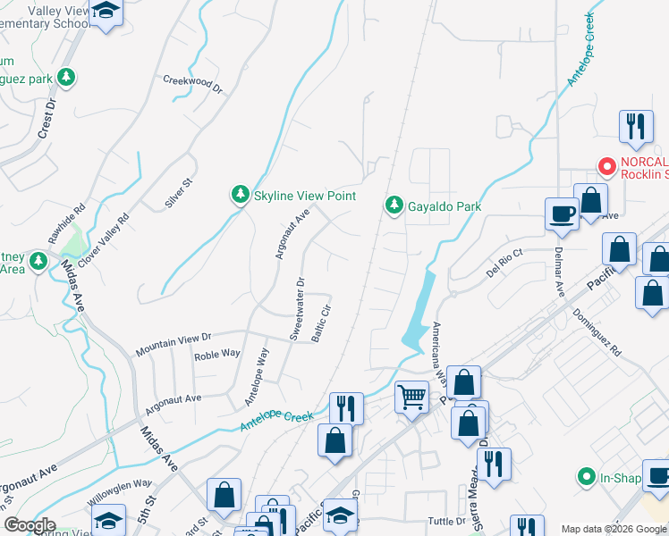 map of restaurants, bars, coffee shops, grocery stores, and more near 3906 Chelsea Court in Rocklin