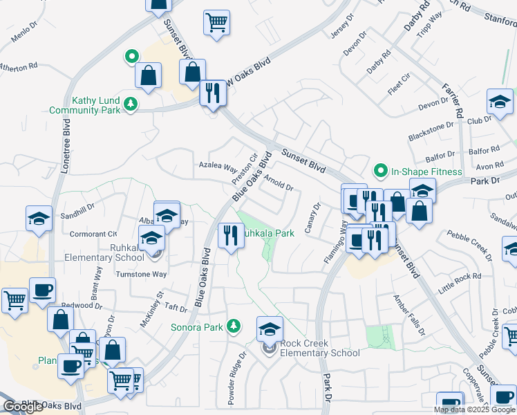 map of restaurants, bars, coffee shops, grocery stores, and more near 6321 Surfbird Lane in Rocklin