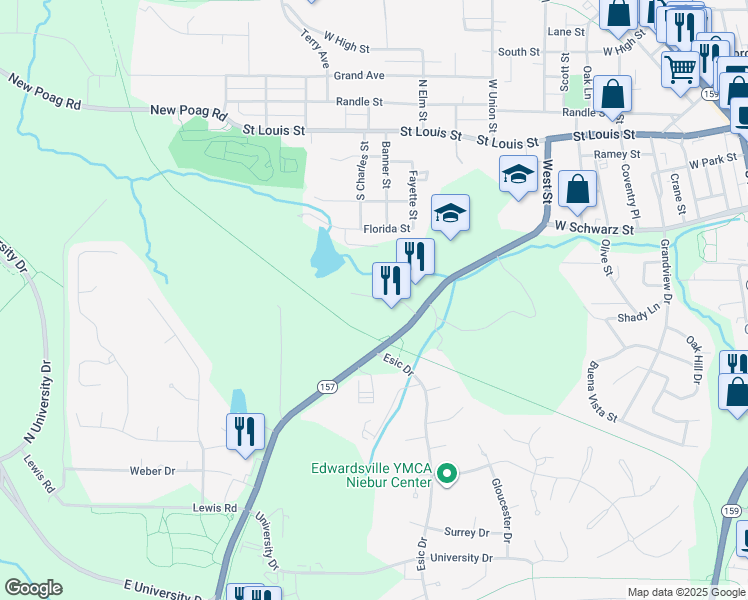map of restaurants, bars, coffee shops, grocery stores, and more near 71 Enclave Boulevard in Edwardsville