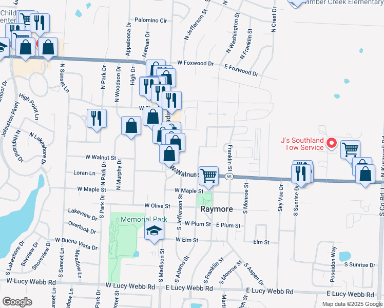 map of restaurants, bars, coffee shops, grocery stores, and more near 202 West Walnut Street in Raymore