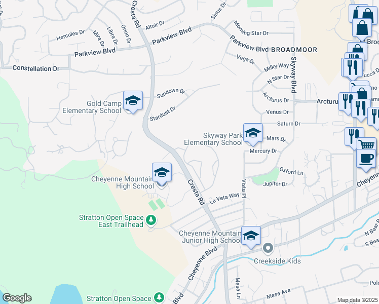 map of restaurants, bars, coffee shops, grocery stores, and more near 1735 Presidential Heights in Colorado Springs