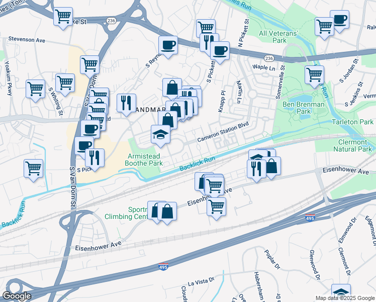 map of restaurants, bars, coffee shops, grocery stores, and more near 5242 Tancreti Lane in Alexandria