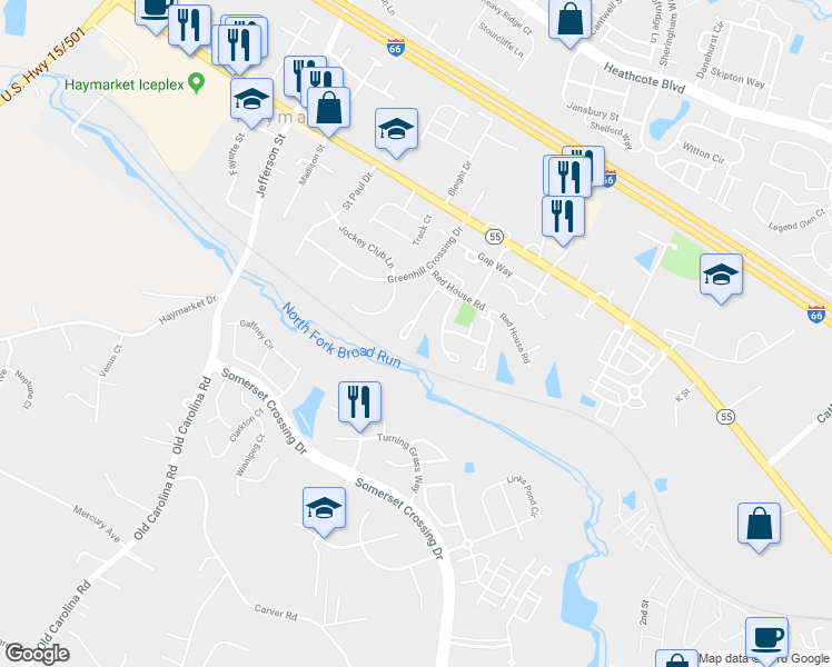 map of restaurants, bars, coffee shops, grocery stores, and more near 7003 Manahoac Place in Gainesville