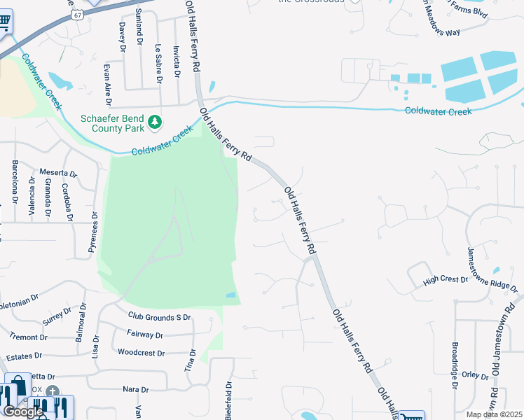 map of restaurants, bars, coffee shops, grocery stores, and more near 4407 Paddock Point Drive in Florissant
