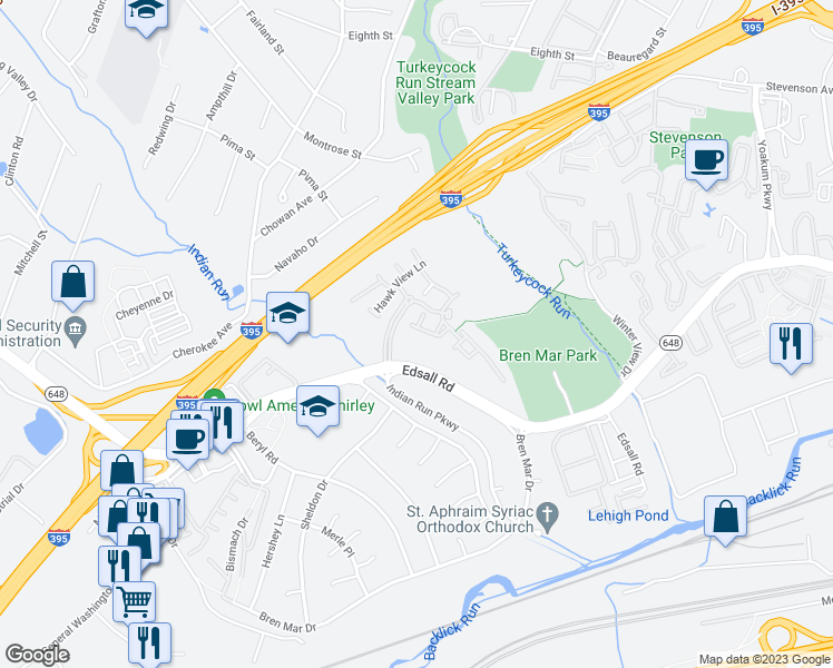 map of restaurants, bars, coffee shops, grocery stores, and more near 6345 Burgundy Leaf Lane in Alexandria