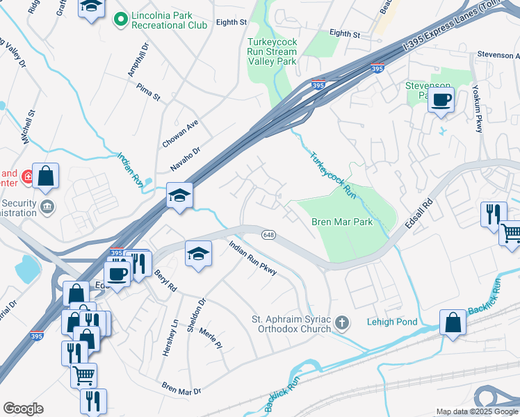map of restaurants, bars, coffee shops, grocery stores, and more near 6345 Burgundy Leaf Lane in Alexandria