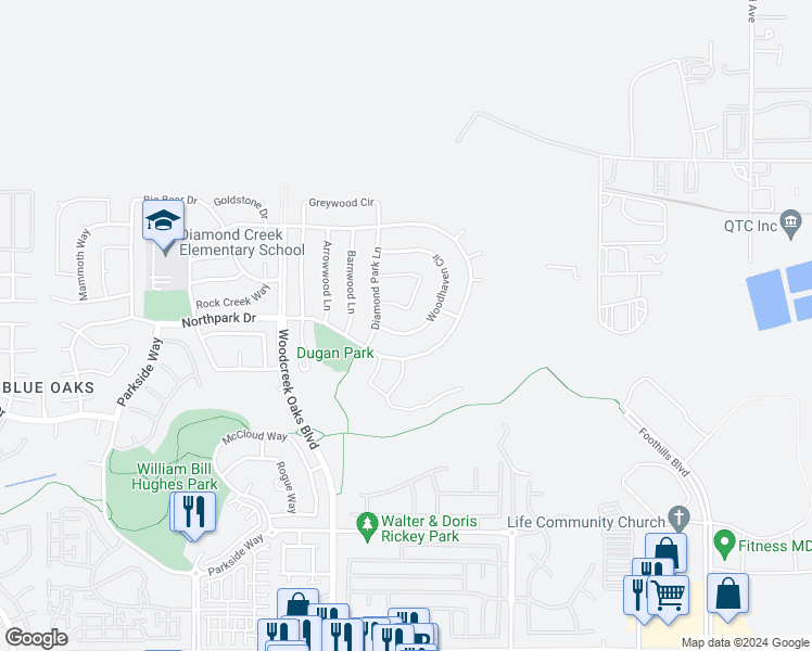 map of restaurants, bars, coffee shops, grocery stores, and more near 1541 Woodhaven Circle in Roseville