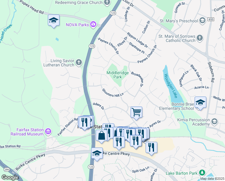 map of restaurants, bars, coffee shops, grocery stores, and more near 5556 Ann Peake Drive in Fairfax