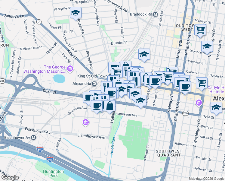 map of restaurants, bars, coffee shops, grocery stores, and more near 1800 Diagonal Road in Alexandria