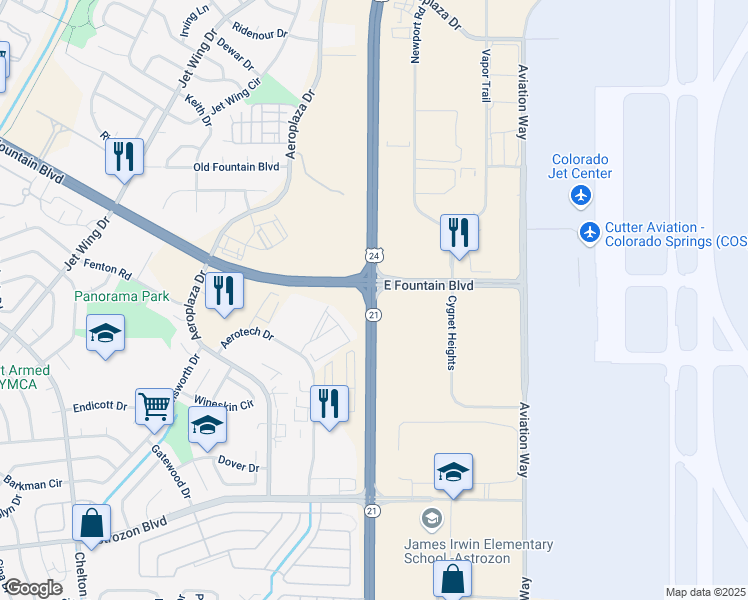 map of restaurants, bars, coffee shops, grocery stores, and more near South Powers Boulevard in Colorado Springs
