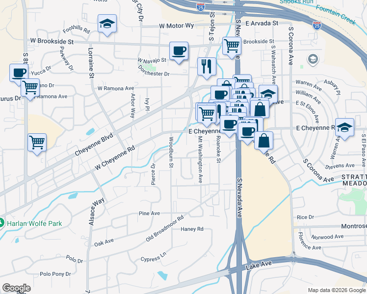 map of restaurants, bars, coffee shops, grocery stores, and more near 8 Terrace Drive in Colorado Springs